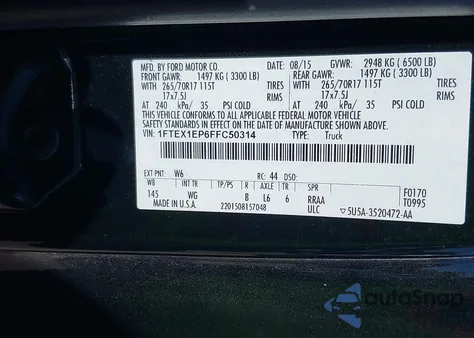 2015 Ford F-150 Xl из США, поврежденный, VIN 1FTEX1EP6FFC50314